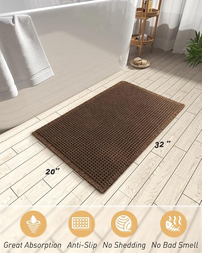 AMOAMI Upgraded Waffle Bath Mat, Super Absorbent Non Slip Bath Mats for Bathroom Floor, Machine Washable Bathroom Rugs with Tassels, Rubber Backed Bathroom Mats, Ultra Soft, 20" x 32",Terracotta