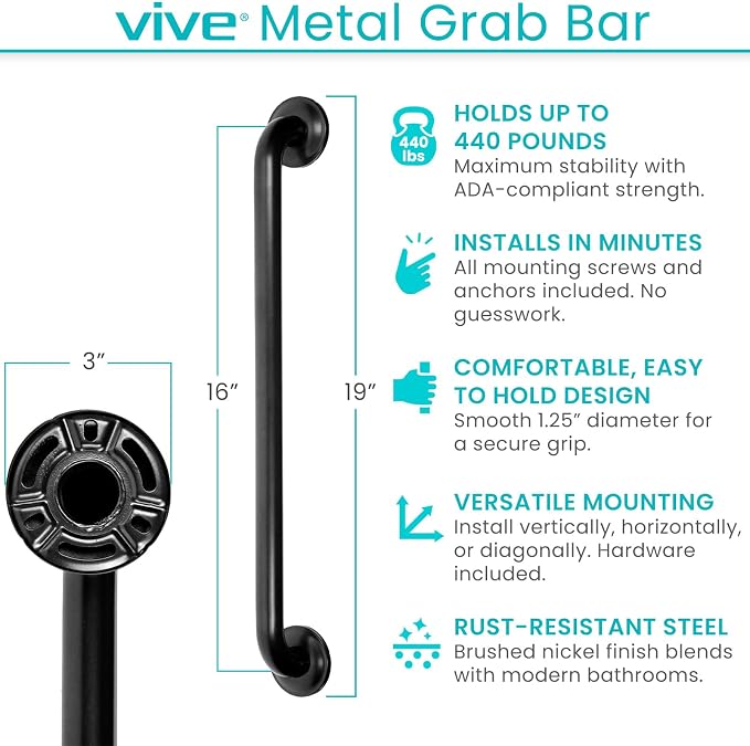 Vive Grab Bar for Showers - Bathroom Antislip Handrail for Seniors, Elderly Assistance Product, Heavy Duty Shower Handles, Handicap Grab Bars, Stainless Steel, Multipurpose, 440 lbs (Black)