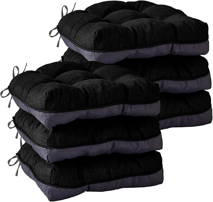 IASEAHK Chair Cushions for Dining Chairs, Seat Cushions for Kitchen Chairs, Indoor Seat Cushions with Ties, Tufted Foam Chair Pads, Non Slip Chair Cushions Set of 6, 15.5" x 15.5" x 4", Black