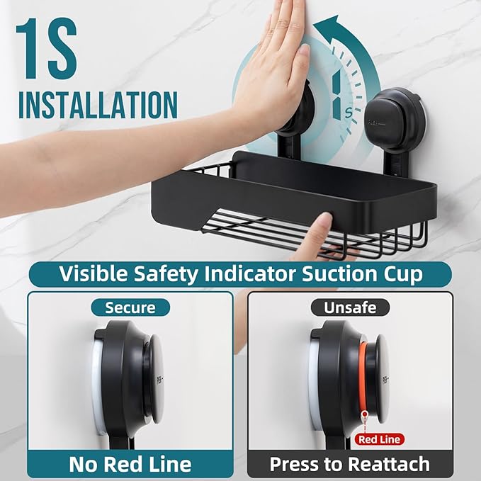 TAILI Shower Caddy Suction Cup 2 Pack With Visible Safety Indicator, Stainless Steel Rustproof Shower Shelves, No Drilling Wall Mounted Basket, Upgraded Removable Suction Cup Bathroom,Black Organizers