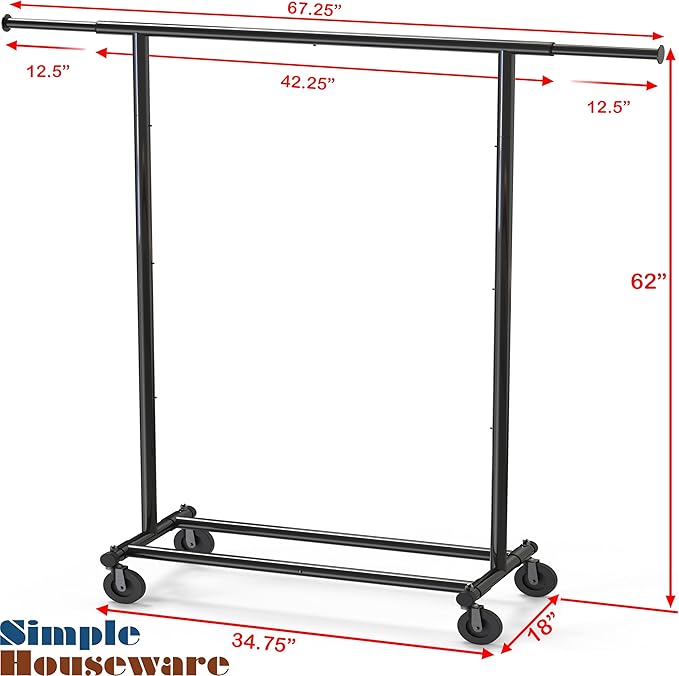 Simple Houseware Heavy Duty Clothing Garment Rack, Holds Up to 150 lbs, 42 to 67 Inches Extendable Rod, Black