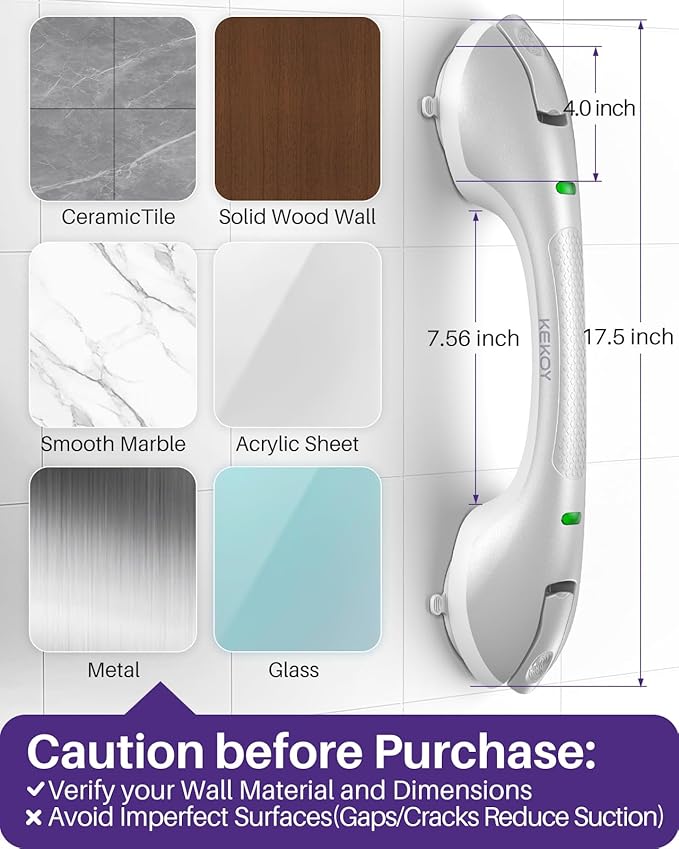 KEKOY 17.5 Inch Suction Grab Bars for Bathtubs & Showers with Indicator 2 Pack- Heavy Duty Safety Shower Handle for Seniors and Elderly, Handicap Bars for Bathroom, No Drilling, Silver