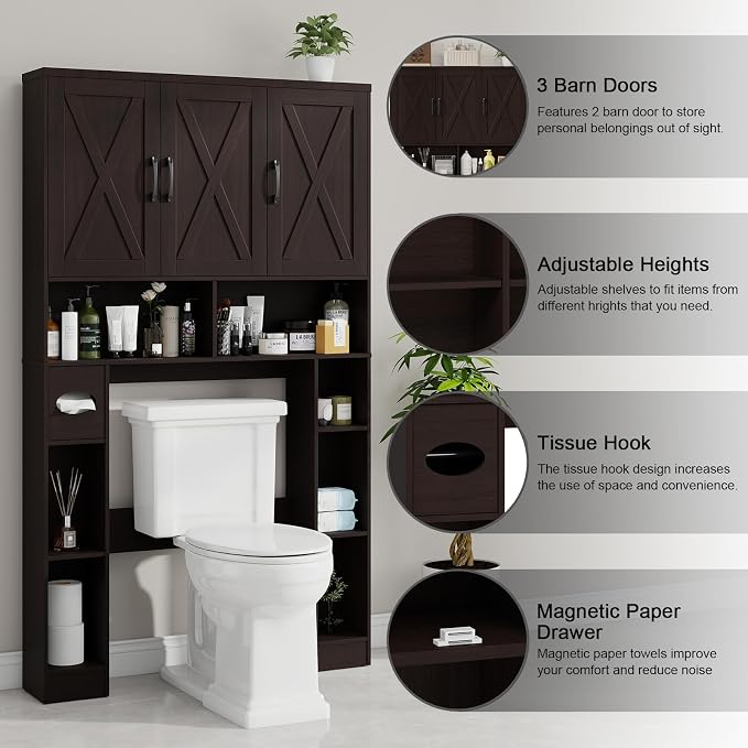 Over The Toilet Storage Cabinet, Farmhouse Toilet Cabinet Rack with 3 Barn Doors, Space Saving Bathroom Organizer with Shelves, Toilet Paper Holder and Towel Rack for Bathroom,Restroom.(Walnut).