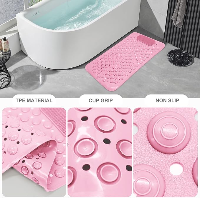Bath Tub Shower Mat, 27x14 inch Non Slip Bathtub Mat with Suction Cups, Anti Slip Shower Mat with Drain Holes Suction Cups,Shower Foot Scrubber Mat Foot Massage BathMat (Pink)