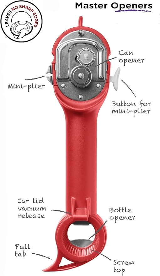 Kuhn Rikon 5-in-1 Auto Safety Master Opener for Cans, Bottles and Jars, White, 9 x 2.75 inches
