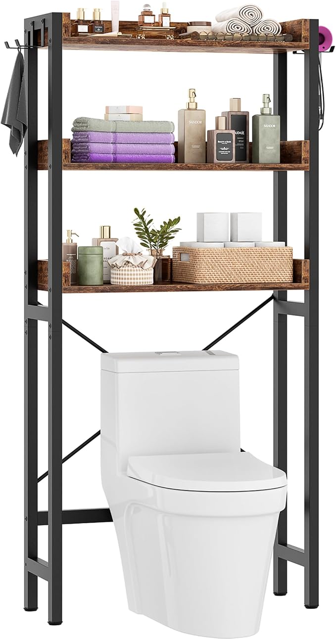 Besiost Over The Toilet Storage Rack - 3 Tier Bathroom Organizer with Shelves, Freestanding Space Saver Storage Rack Above Toilet Stand with 4 Hooks for Restroom, Laundry, Rustic Brown