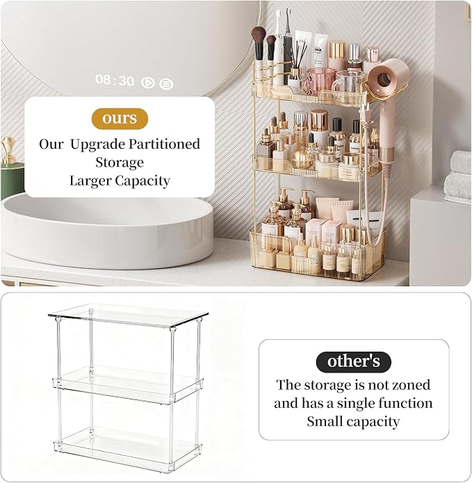 Bathroom Counter Organizer for Vanity, Makeup Organizer Countertop with Holder, Large Capacity Storage Rack, Perfect Large Skincare, Hair Care, Perfume, Easy to Install (Gold, 3Tiers)