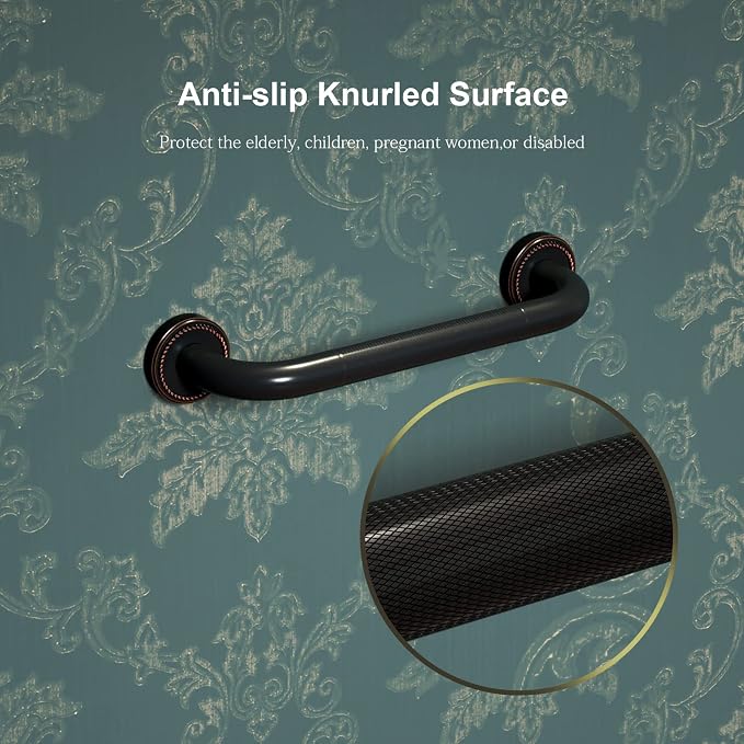 12 Inch Anti Slip Bronze Shower Grab Bar Oil Rubbed Black,ZUEXT Antique Brass Bathroom Grab Bar, Knurled Bathroom Balance Bar,Safety Hand Rail Support Handicap Elderly Injury Senior Assist Bath Handle