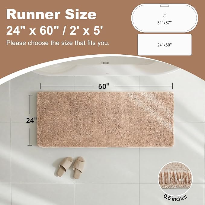 TYUU Bathroom Runner Rug, Ultra Soft Long Bath Mat Machine Washable Super Absorbent Quick Dry Bathroom Runner Rugs 24 x 60 Non Slip, Beige 24" x 60"