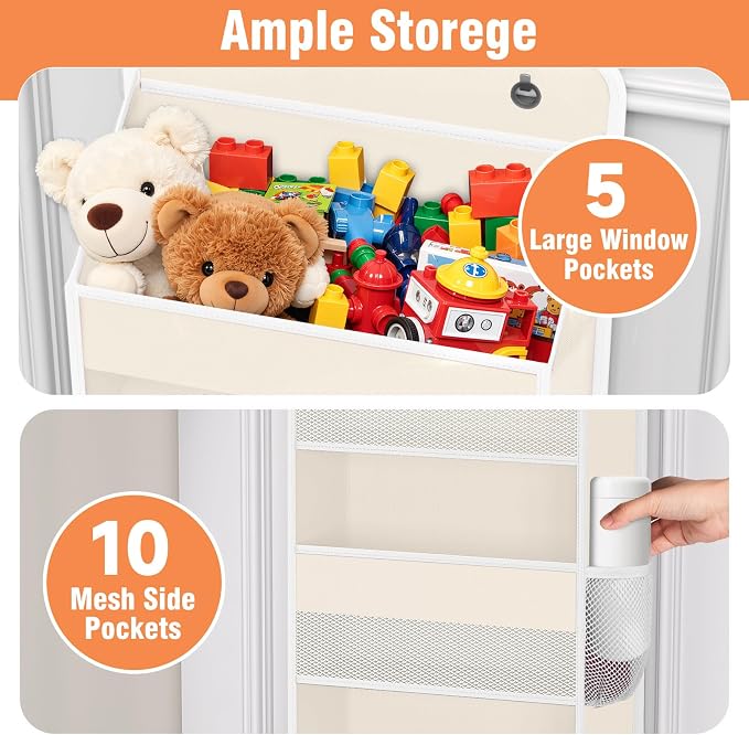 WISELIFE Over The Door Organizer - 5 Shelves Large Capacity Hanging Bedroom Storage Solution with Side Pockets for Dorm Bathroom Pantry Nursery and Baby Essentials Holds up to 40 Lbs (Beige)