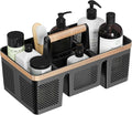 BYUNER Plastic Shower Caddy Dorm: Portable Hard Shower Basket with Handle, 4 Divided Compartments, All-Side Drainage, Bathroom & Cleaning Caddy for College Dorm Room Essentials, Black/wood grain