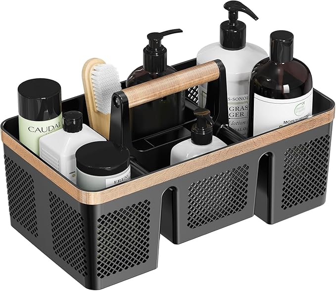 BYUNER Plastic Shower Caddy Dorm: Portable Hard Shower Basket with Handle, 4 Divided Compartments, All-Side Drainage, Bathroom & Cleaning Caddy for College Dorm Room Essentials, Black/wood grain