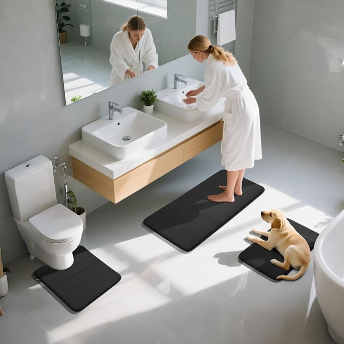 Yimobra 3 Pieces Memory Foam Bath Mat Set with U-Shaped Toilet Rug - Non Slip Super Soft Absorbent Quick Dry Bathroom Rugs for Bathtub, Vanity & Toilet Base, Black