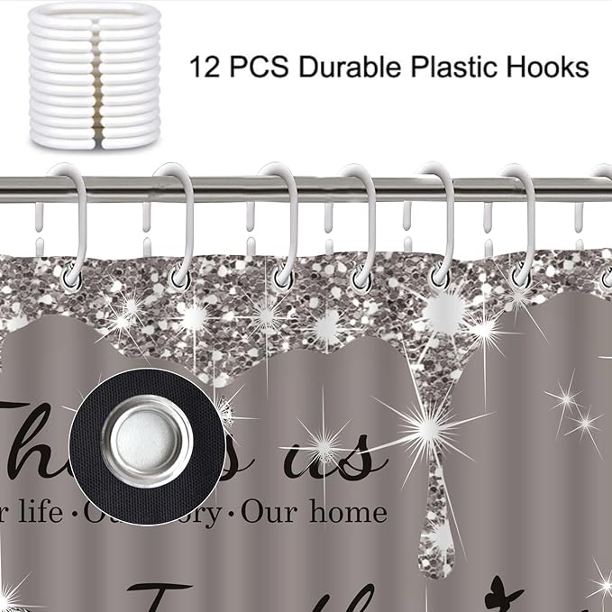 4Pcs Family Shower Curtain Sets with Non-Slip Rugs, Toilet Lid Cover and Bath Mat,Grey Glitter Diamond Home Bathroom Decor Set Accessories Waterproof Shower Curtains with 12 Hooks, 72 x 72 Inch