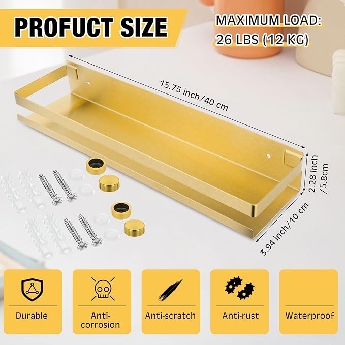 Lallisa 2 Pieces Stainless Steel Shelf Bathroom Shower Floating Shelves Wall Mounted Shower Caddy Basket Shelf Storage Organizer Shelves for Bathroom, Kitchen, Living Room(15.75 Inch/ 40 cm,Gold)