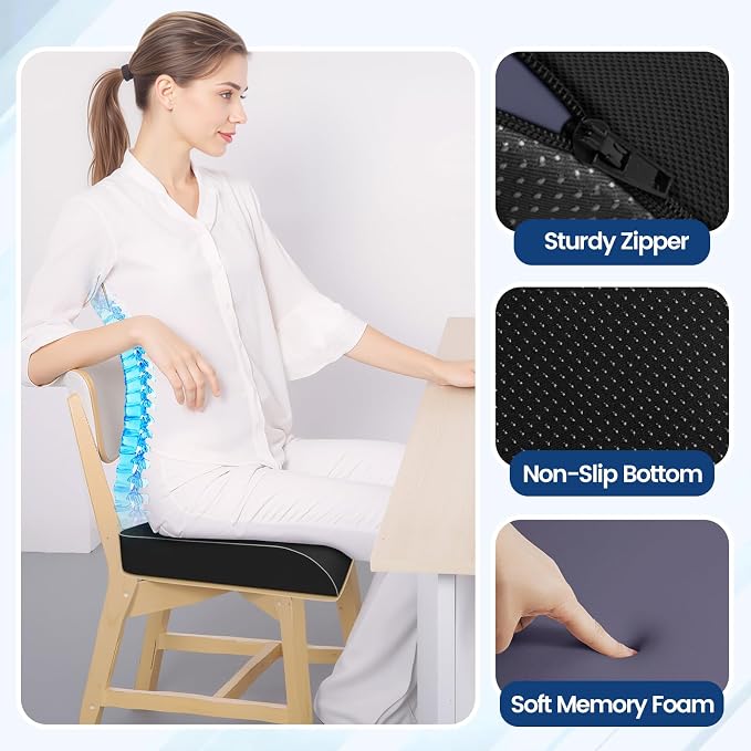 SweetSlubr Seat Cushion for Tailbone Pain Relief, Office Chair Cushion, Memory Foam Large Chair Cushion with Non-Slip Cover for Soft Support at Office Chair, Car Seat, Airplane Black/XLarge