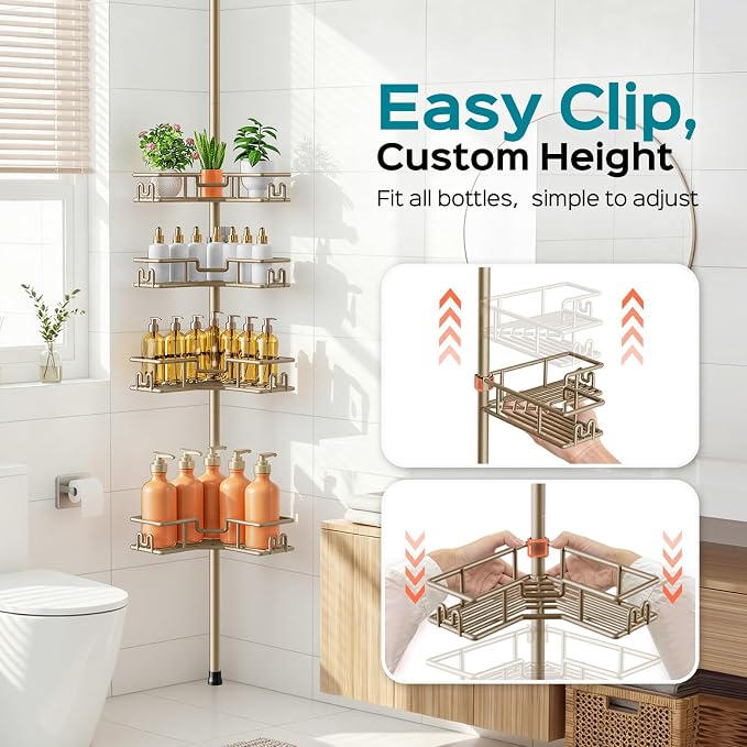 HAMITOR No Drilling Shower Rack: Tension Pole Corner Bathroom Accessories with Hooks - 4-Tier Adjustable Rustproof Shelves - Renter-Friendly Space-Saving Caddy for Family & Apartment 47-123 Inch Khaki