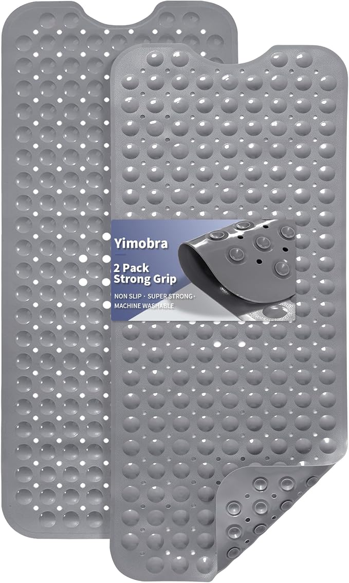 Yimobra 2-Pack Non Slip Bathtub Mat 40 x 16 Inch, Extra Long Shower Mat with Drain Holes, Machine Washable Baby Bath Mats, Strong Suction Cups for Bathroom Floor, Grey