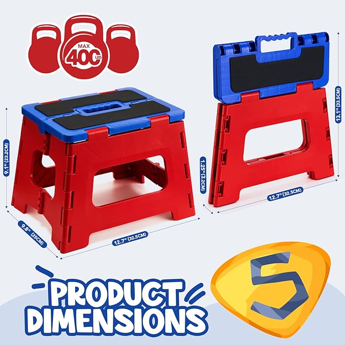 Delxo 9 Inch Folding Step Stool for Kids - Includes 3 Alphabet Letter Stickers & 2 Non-Slip Grip Pads, Sturdy Foldable Foot Stool for Toddlers, Kitchen, Bathroom & Bedroom (Red+Blue)