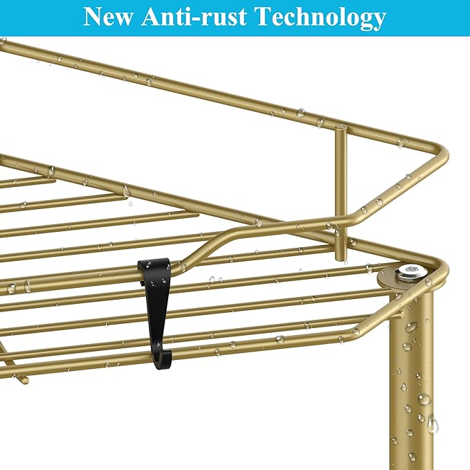 HuggieGems 3 Tier Floor Standing Corner Shower Caddy Organizer Shelf with Hooks, Bathroom Shelves Stand Rack, Gold