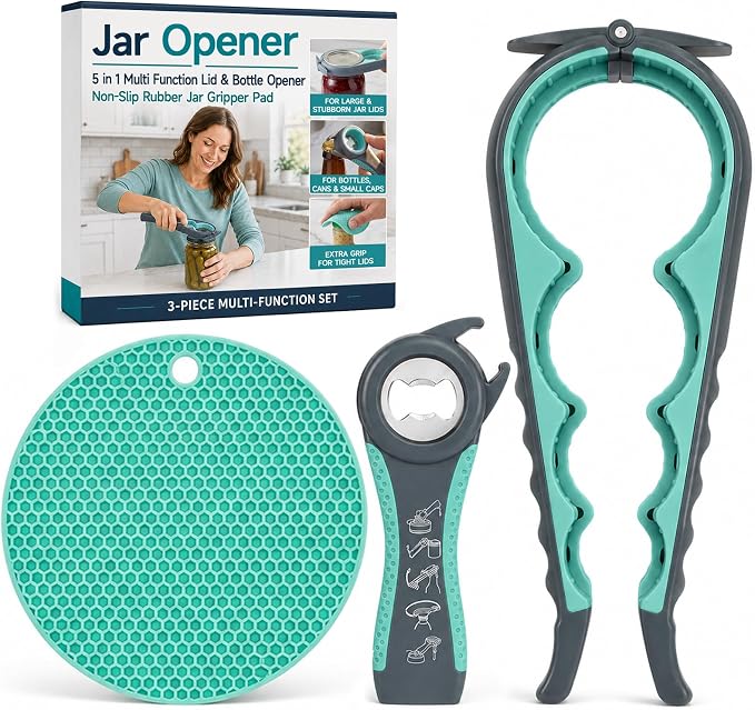 KORCCI Jar Opener 3 Pack Set for Weak Hands, 5-in-1 Lid and Bottle Opener with 4-in-1 Can Opener & Non-Slip Rubber Gripper Pad, Easy Grip Kitchen Tool for Stubborn Jars and Bottles