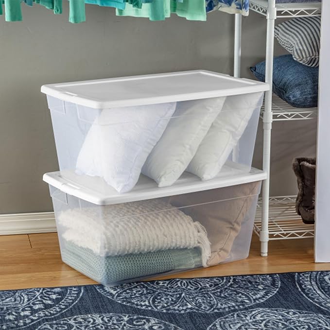 Sterilite 8-Pack 90 Quart Storage Box, Stackable Clear Plastic Bins with Snap-On Lids - Heavy-Duty Organizing Containers for Closet, Bathroom, and Office