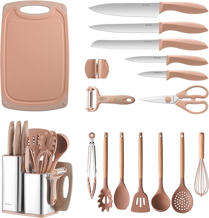 RAXCO Utensil Sets,18-Piece Silicone Cooking Utensils and Knife Set,Mousse | Dishwasher-Safe Kitchen Utensils,Large Capacity Countertop Organizer for Knives,Utensils,Cutting Board