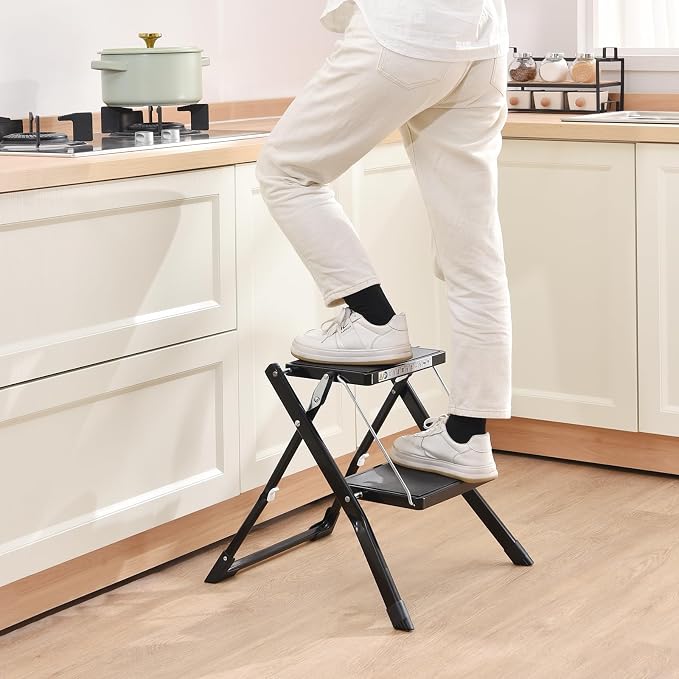 KINGRACK Folding Step Ladder, 2 Step Foldable Step Stool, Portable Stepladder with Handle, Non-Slip Rubber Mat, Release Button, Small Household Stepping Stool for Home Kitchen, for up to 330lbs, Black
