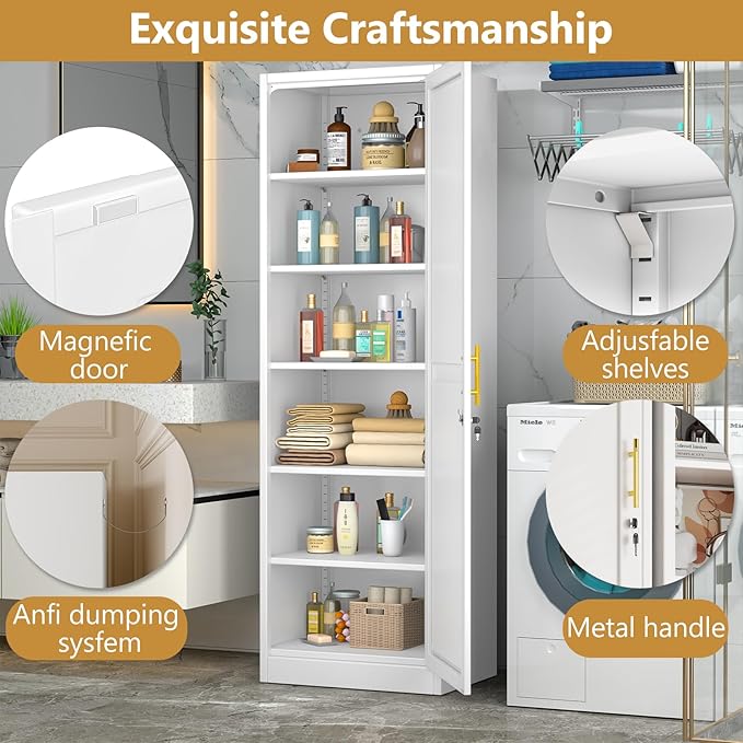 Tall Narrow Slim Metal Storage Cabinet with Lock and 5 Adjustable Shelves,Steel File Cabinets,Kitchen Pantry Cabinet Locker Organizer - 67" Storage Cabinets Bathroom,Bedroom,Office,White