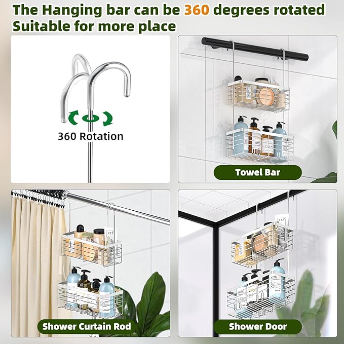 YUOROS Shower Caddy Hanging, 2 Tier Over the Door Shower Organizer Rack 304 Stainless Steel Rustproof Bathroom Storage Shampoo Holder Basket (Silver)