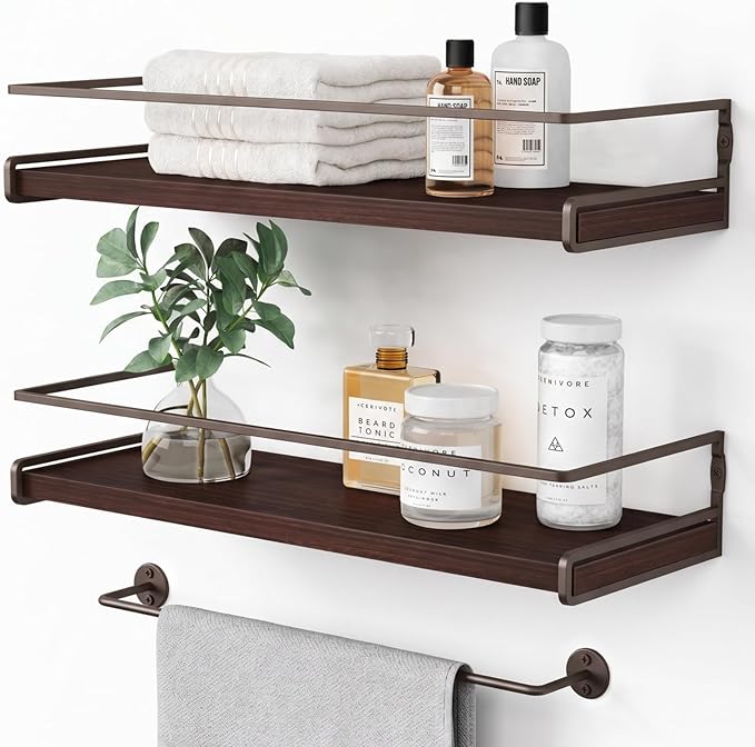 Forbena Dark Brown Kitchen Shelves Wall Mounted Set of 2, Walnut Brown Floating Kitchen Wall Shelves with Rail, Hanging Shelves for Kitchen Wall Coffee Bar (Wooden Pine Wood)
