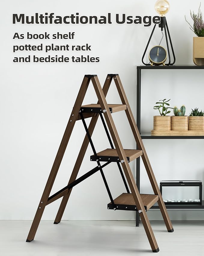 HillhutApex 3 Step Stool, Aluminum Foldable Step Ladder, Lightweight Stable Stool with Wide Non-Slip Pedals, 330lbs Bearing Capacity Ladder for Office,Home,Kitchen - Walnut