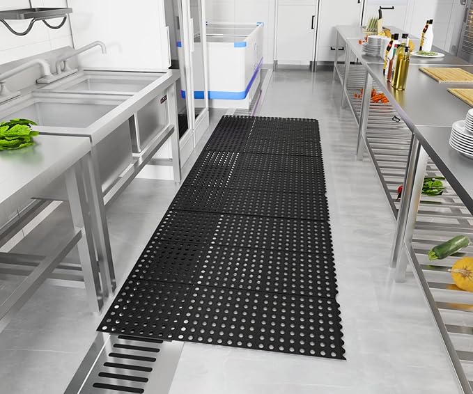 ROVSUN Rubber Floor Mat with Holes, Anti-Fatigue/Non-Slip Drainage Mat, for Industrial Kitchen Restaurant Bar Bathroom Utility Garage Pool Entry Door Mat, Indoor (36'' x 36'' Black 4Pcs)