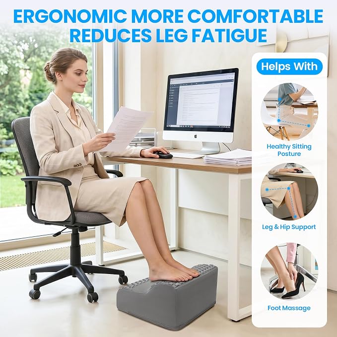 Foot Rest for Under Desk at Work, 3-Tier Foot Stool with Massage Dots and Thick High-Density Foam, Ergonomic Footrest with Washable Cover for Home and Office, Back, Legs & Hip Pain Relief, Grey