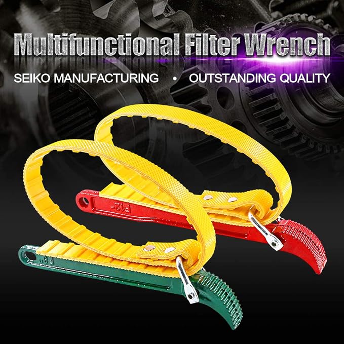 Swpeet 2 Pack Multi-Purpose Adjustable Belt Strap Wrench 12"(300mm) and 7.8"(200mm) Steel Handle Adjustable Strap Filter Opener Wrench for Opening Filter, Pipe and Tin - Red and Green