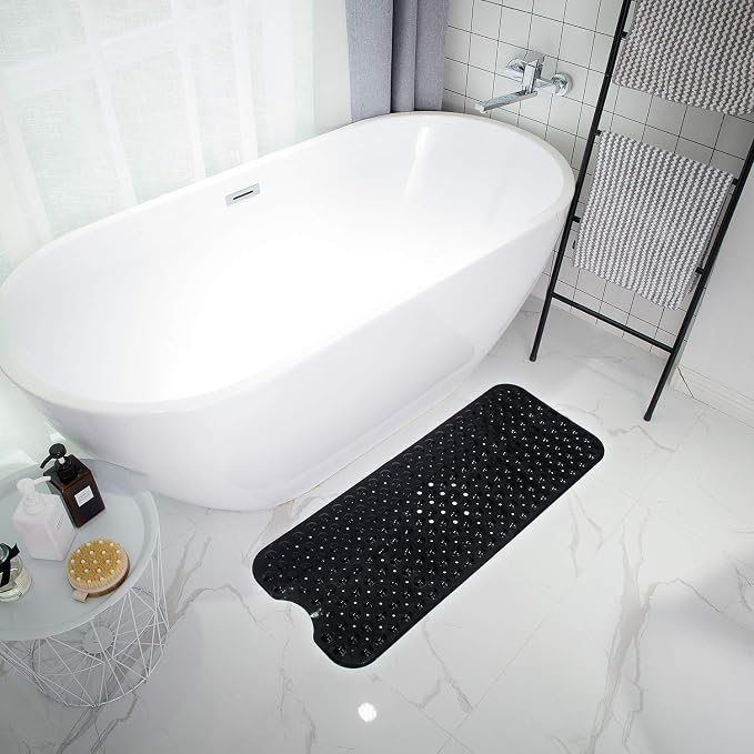 TEESHLY Bathtub Mats for Shower Tub, Extra Long Non-Slip 39 x 16 Inch Bath Mat with Drain Holes and Suction Cups, BathMat for Bathroom with Machine Washable (Opaque Black)