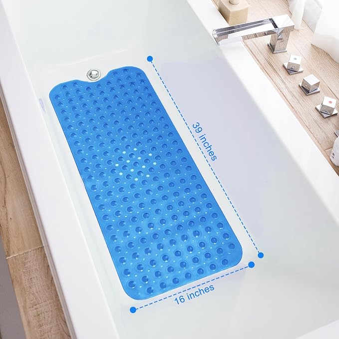 TEESHLY Bathtub Mats for Shower Tub, Extra Long Non-Slip 39 x 16 Inch Bath Mat with Drain Holes and Suction Cups, BathMat for Bathroom with Machine Washable (Clear Blue)