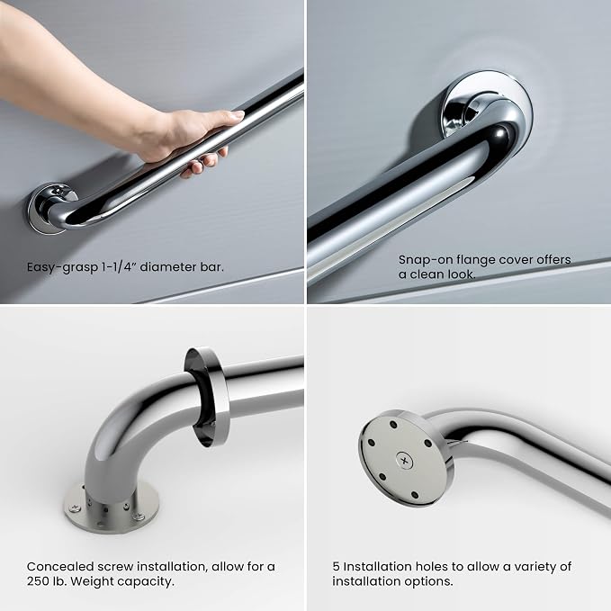 KIBI 12 Inch Stainless Steel Bathroom Safety Grab Bar | Curved Shaped Grab Bar for Bathtubs and Showers, Shower Safety Grab Bars for Seniors, Wall Mounted Anti-Slip Support (Chrome, KGB1012)