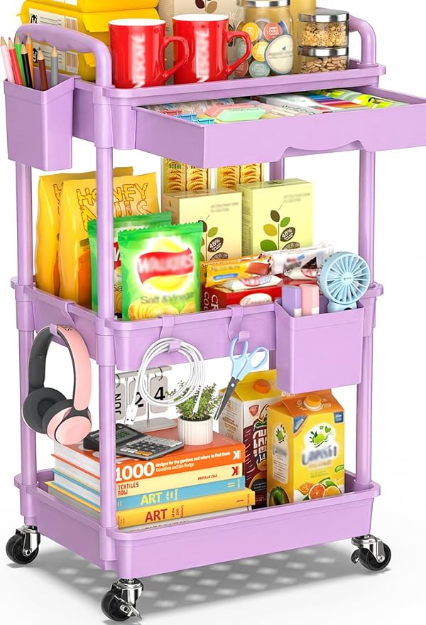 SUNALLY 3 Tier Rolling Cart Organizer with Drawer, Bathroom Storage Carts with Wheels & Plastic Shelf, Mobile Storage Organizers for Kitchen, Office, Laundry Room, Baby, Snack, Craft, Makeup, Purple
