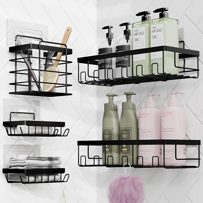 Clara Clark Bathroom Accessories Set - 27PC Bathroom Set with Adhesive Corner Shower Caddy Hanging, Bathroom Sets with Shower Curtain and Rugs, Hunter Green Shower Curtain Set with Bathroom Trash Can