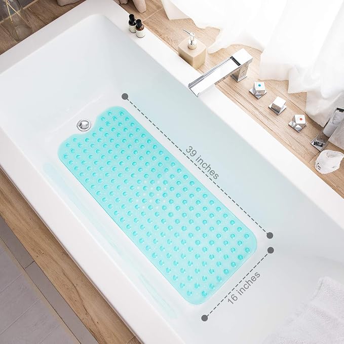 TEESHLY Bathtub Mats for Shower Tub, Extra Long Non-Slip 39 x 16 Inch Bath Mat with Drain Holes and Suction Cups, BathMat for Bathroom with Machine Washable (Clear Turquoise)