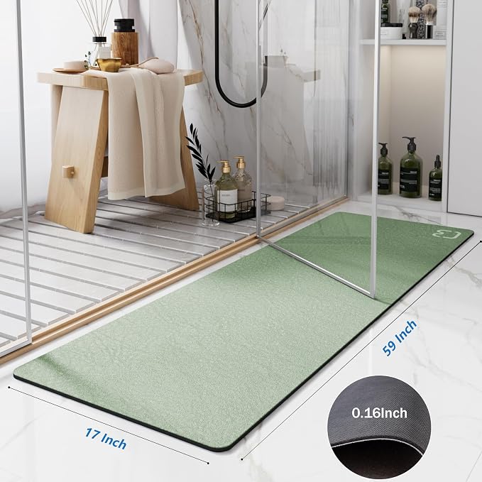 RUERYA Diatomaceous Earth Bath Mat 17" x 59" Extra Long Bathroom Mat Large Fast Dry Super Absorbent Non-Slip Rubber Backed Shower Mat Bath Rugs Mats for Bathroom Floor, Tub, Shower, Sink, Sage Green