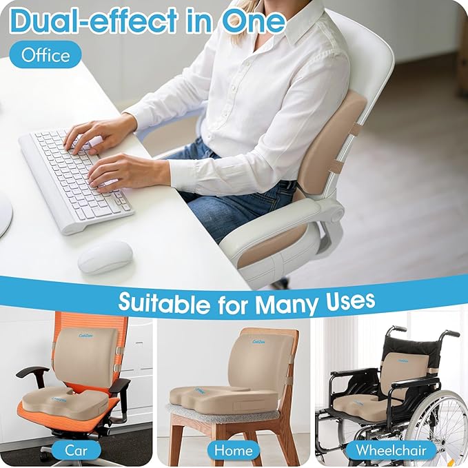 CushZone Ergonomic Seat Cushion & Lumbar Support Pillow - Memory Foam for Sciatica Pain Relief & Posture Correction, Non-Slip Chair Cushions for Office Chair/Car/Wheelchair/Travel, Khaki