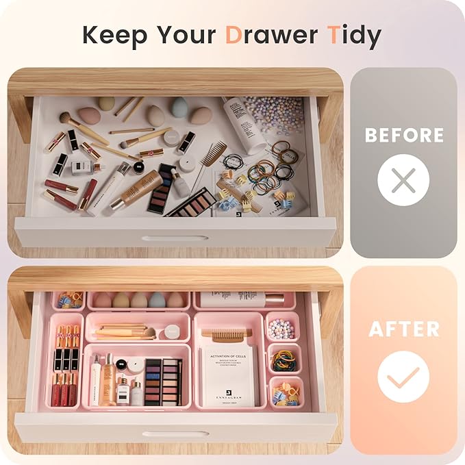 A-LuGei 【Military Grade Drawer Organizer, 【𝟱𝗦𝗶𝘇𝗲】 Makeup organizer, 【Holds 177 Items】 Bathroom Organizers and Storage, Organization and Storage, Desk Drawer Organizer for Vanity (Pink)