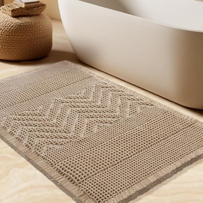 Waffle Bath Mat, Boho Woven Modern Bath Rug Absorbent Non Slip, Ultra Soft Bathroom Mats, Machine Washable Knit Bath Rugs Vertical Stripes with Ripples for Bathroom, Bedroom, Shower, 32"x20", Beige