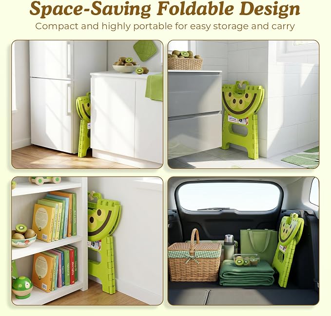 ACSTEP Folding Step Stool 9 Inch, Sturdy Collapsible Step Stool Foldable Up to 265 lbs for Kids Toddlers & Adults, Non Slip Foot Stools with Handle for Kitchen, Bathroom, Bedroom, Outdoor, Kiwi Green