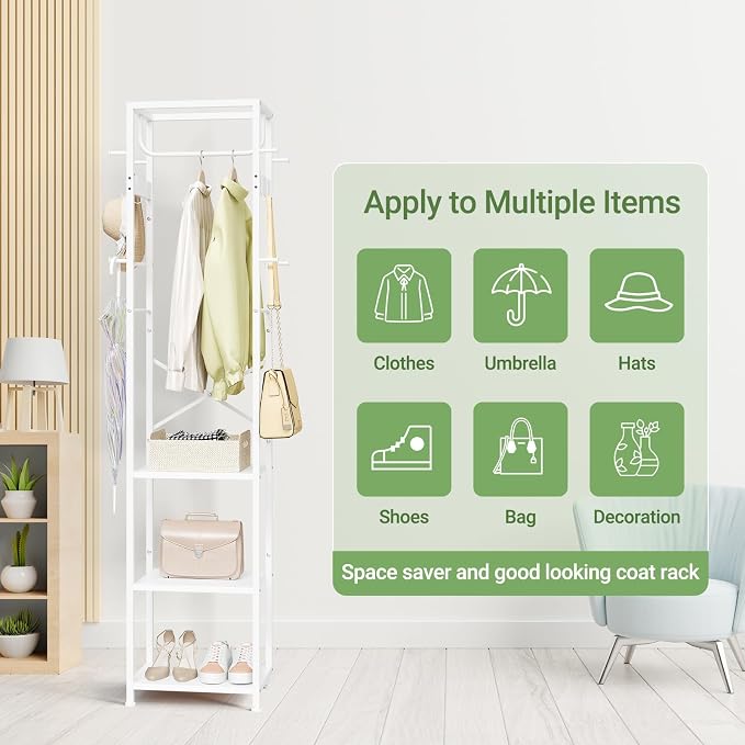 ELYKEN Coat Rack Freestanding, Hall Tree with 3 Storage Shelves and 12 Hooks, Industrial Clothes Rack Stand Organizer for Bedroom, Hallway, Entryway, Office, Living Room, White