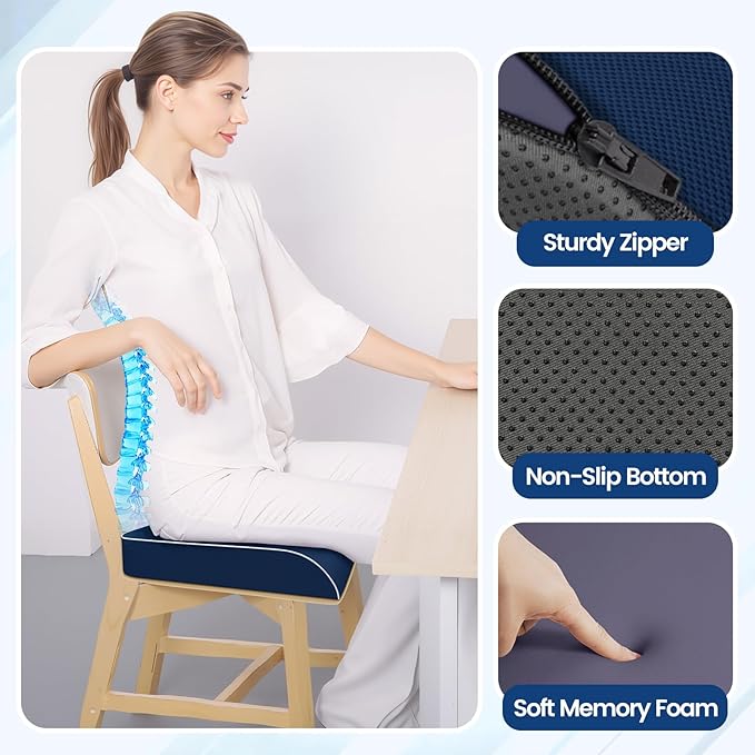 SweetSlubr Seat Cushion for Tailbone Pain Relief, Office Chair Cushion, Memory Foam Large Chair Cushion with Non-Slip Cover for Soft Support at Office Chair, Car Seat, Airplane Drak Blue/2X-Large