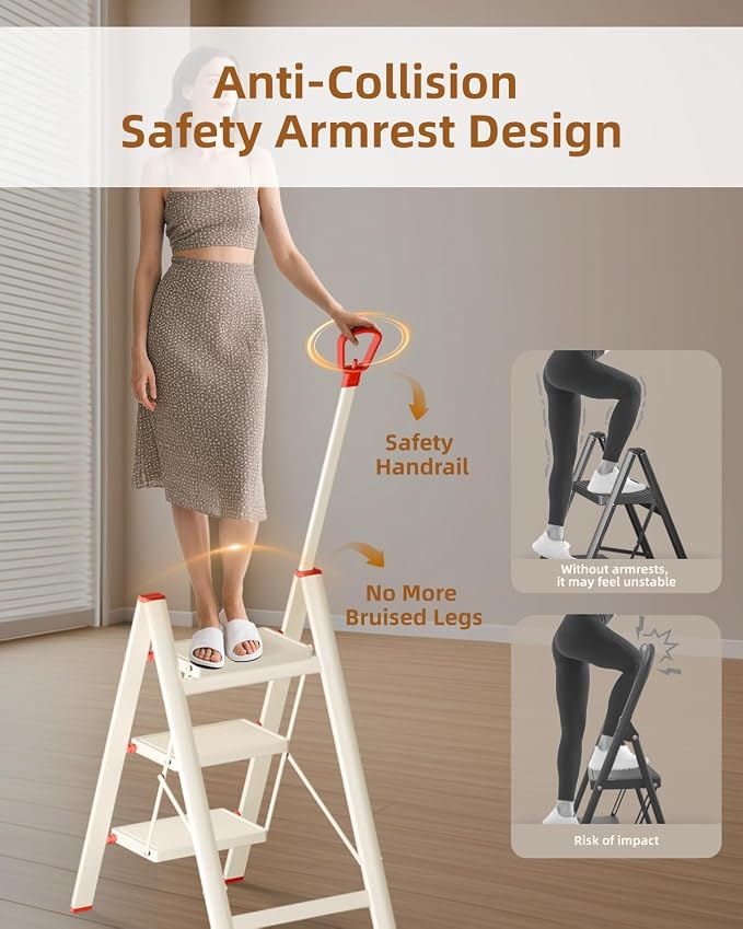 ASPERALD 3 Step Ladder with handrails,Foldable Step Stool with Anti-Slip Wide Pedals for Home Kitchen Closet,3 Step Ladder Folding Step Stool Long Handle Beige
