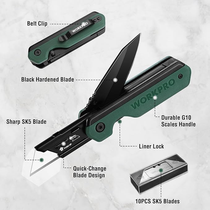 WORKPRO 2-in-1 Folding Knife/Utility Knife, Quick-Change Box Cutter with Belt Clip, Liner Lock, and G10 Handle, Extra 10 SK5 Blades Included, Green
